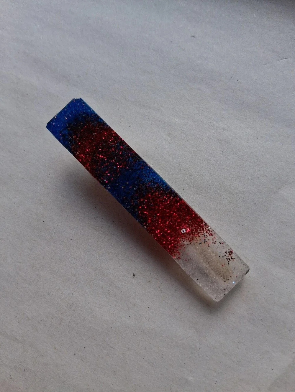 5/$25 Handmade Resin Barrette with Blue, Red & Clear Glitter